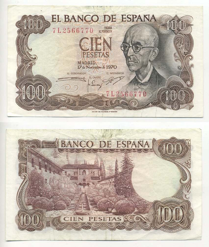 Испания 100 песет 1970 Мануэль де Фалья, летняя резиденция Мавританских королей в Гренаде Pick 152а  бумага 6294-75-3