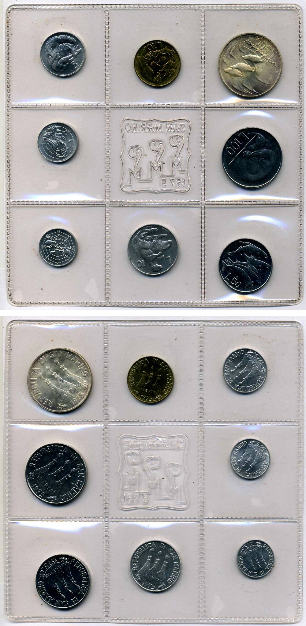 Сан-Марино годовой набор из 8 монет 1975 1, 2, 5, 10, 20, 50, 100 и 500 лир чайки летят над морскими гребнями KM 40-47, в оригинальной пластиковой запайке KM MS5 серебро UNC 3-4-5-35