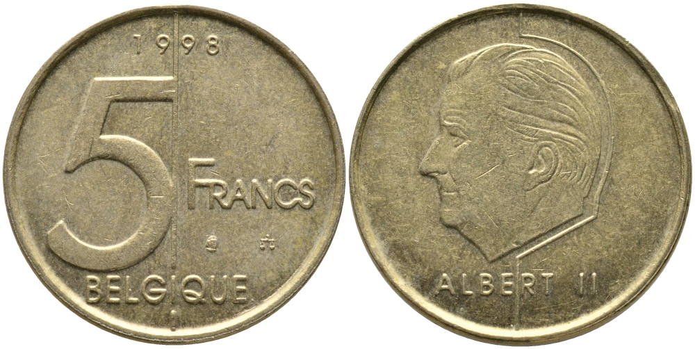 БЕЛЬГИЯ 5 ФРАНКОВ 1998 BELGIQUE, АЛЬБЕРТ II (1993-) KM 189 алюминиевая бронза 65-1152