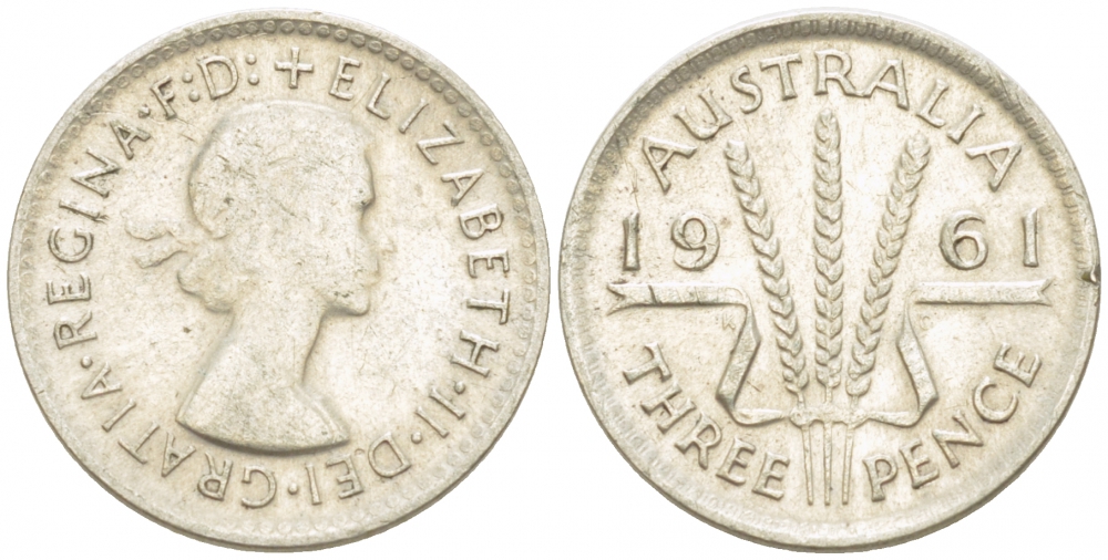 Австралия 3 пенса 1961 m, Елизавета II (1952-2022) KM 57 серебро 3955-446