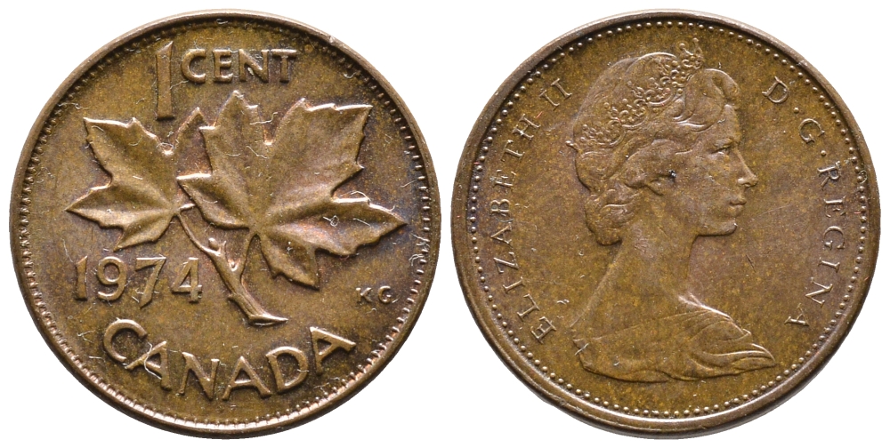 Канада 1 цент 1974 Елизавета II (1952-2022), кленовый лист KM 59.1 бронза 177-1012