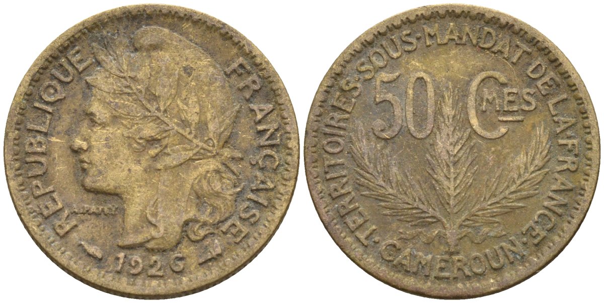 Камерун 50 сантимов 1926 (a), мондвор Париж KM 1 алюминиевая бронза 4164-1248