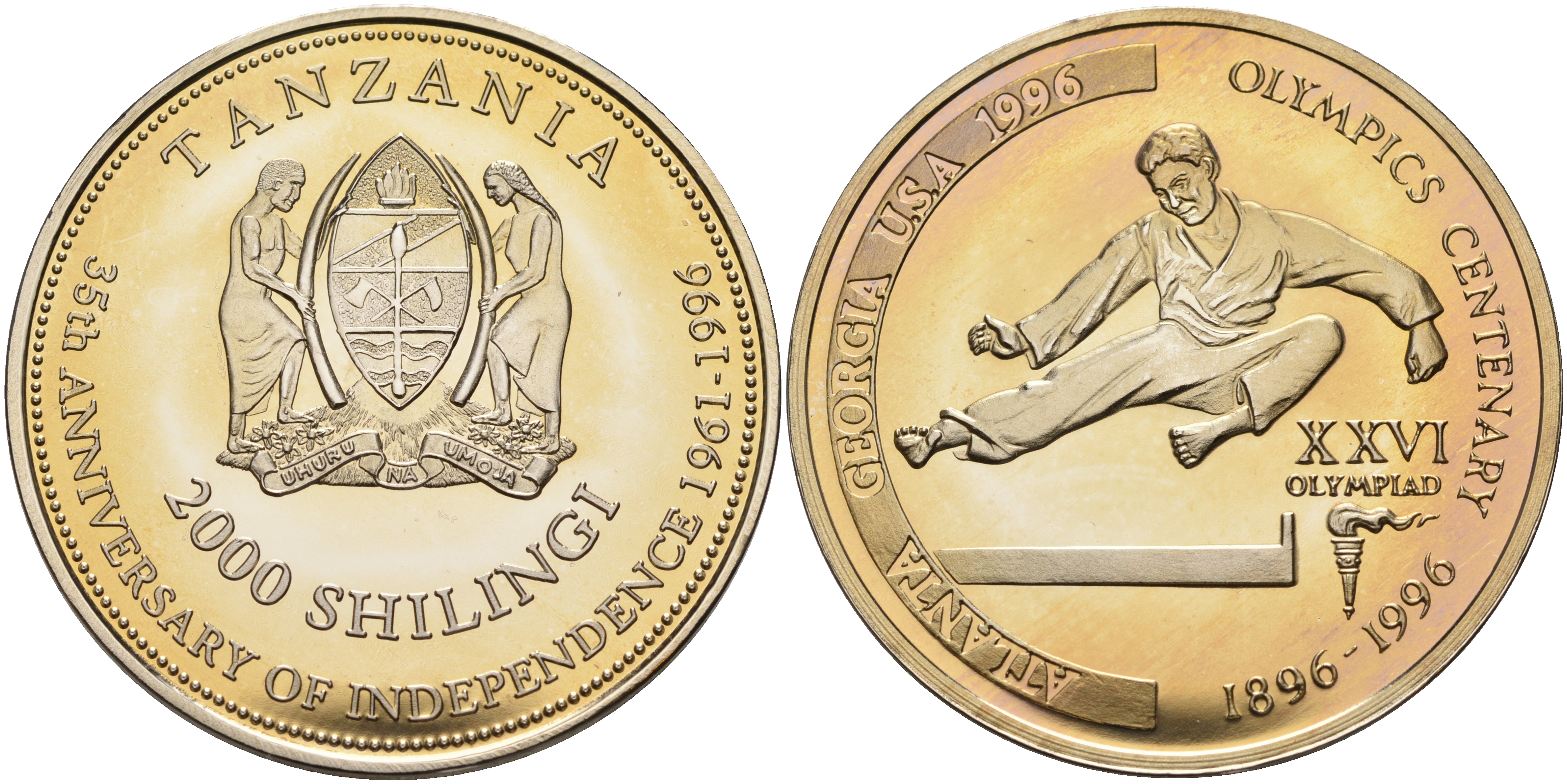 Танзания 2000 шиллингов 1996 XXVI Олимпийские игры 1996 года в Атланте, 100 лет Олимпийскому движению, карате, пробник, гладкий гурт медно-никель PROOF 06-158-22