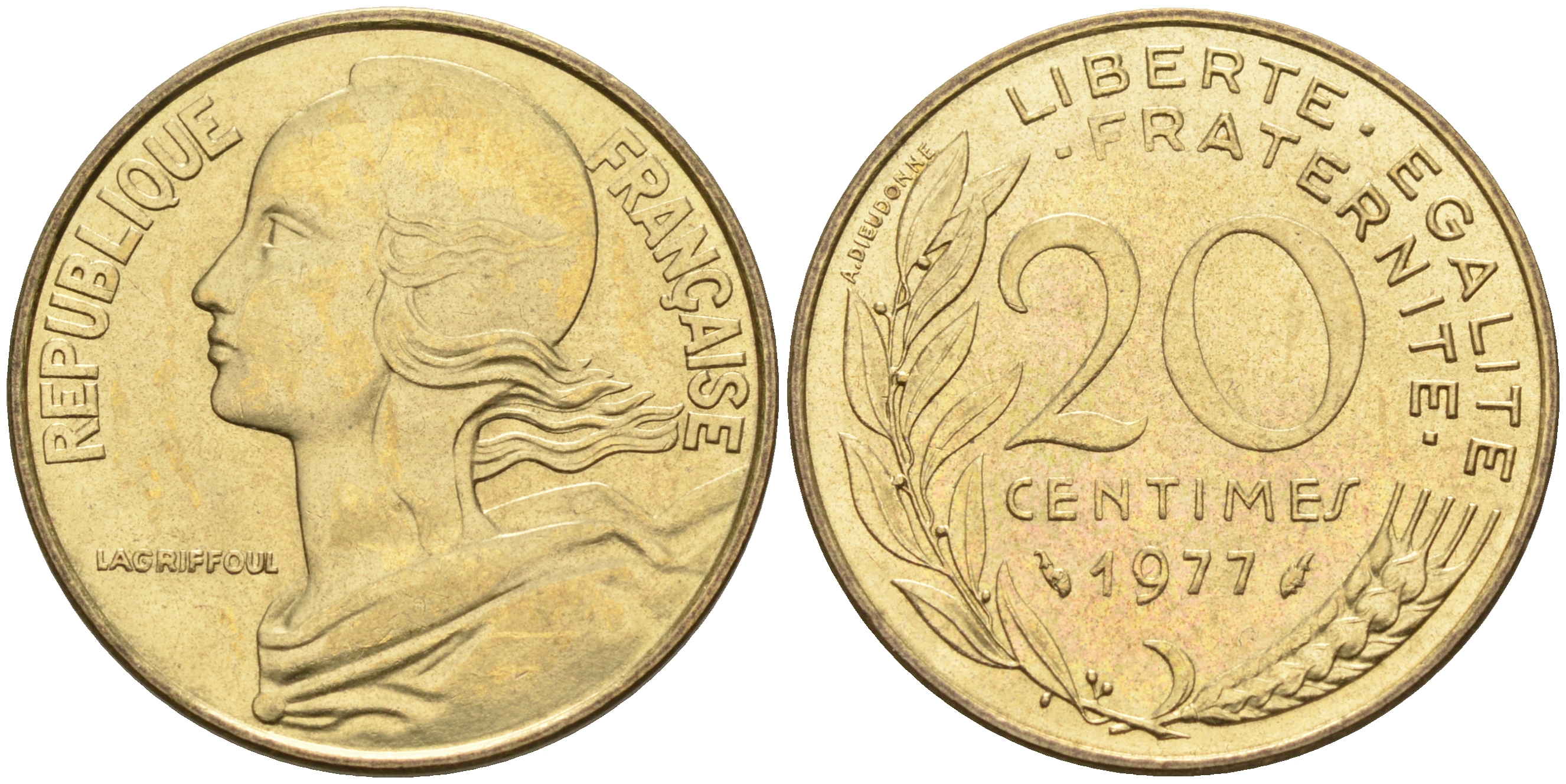 Франция 20 сантимов 1977 тип Марианна KM 930 медь алюминий никель 4116-531
