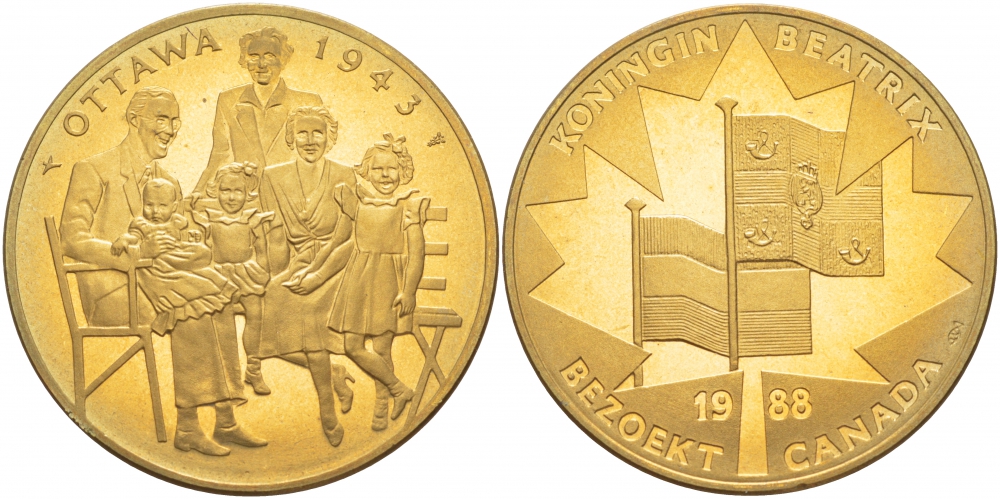 НИДЕРЛАНДЫ МЕДАЛЬ 1988 КОРОЛЕВА БЕАТРИКС, МОНДВОР УТРЕХТ, ОТТАВА 1943, КОРОЛЕВСКАЯ СЕМЬЯ В ИЗГНАНИИ, в оригинальной упаковке бронза UNC 3-4-2-18