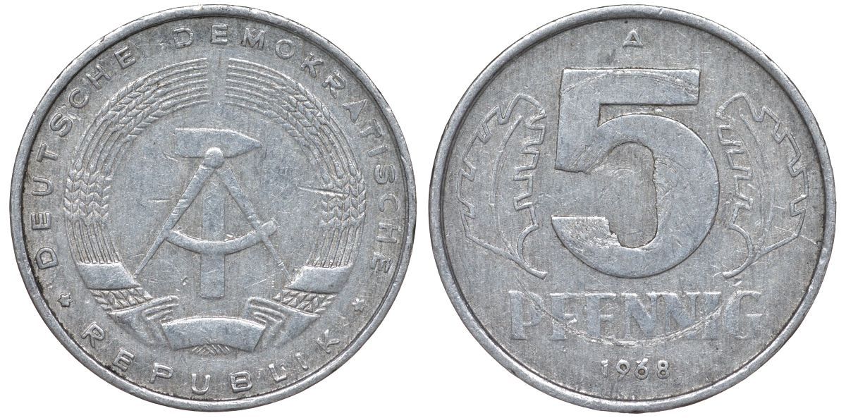 ГДР 5 пфеннигов 1968 A KM 9.1 алюминий 62-145