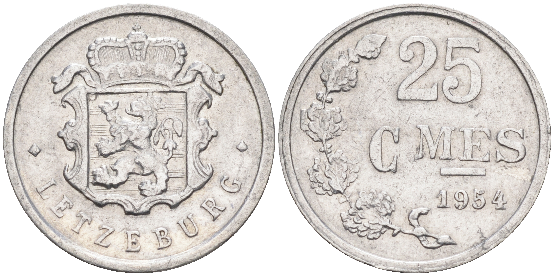 Люксембург 25 сантимов 1954 первый год KM 45а.1 алюминий    4596-126