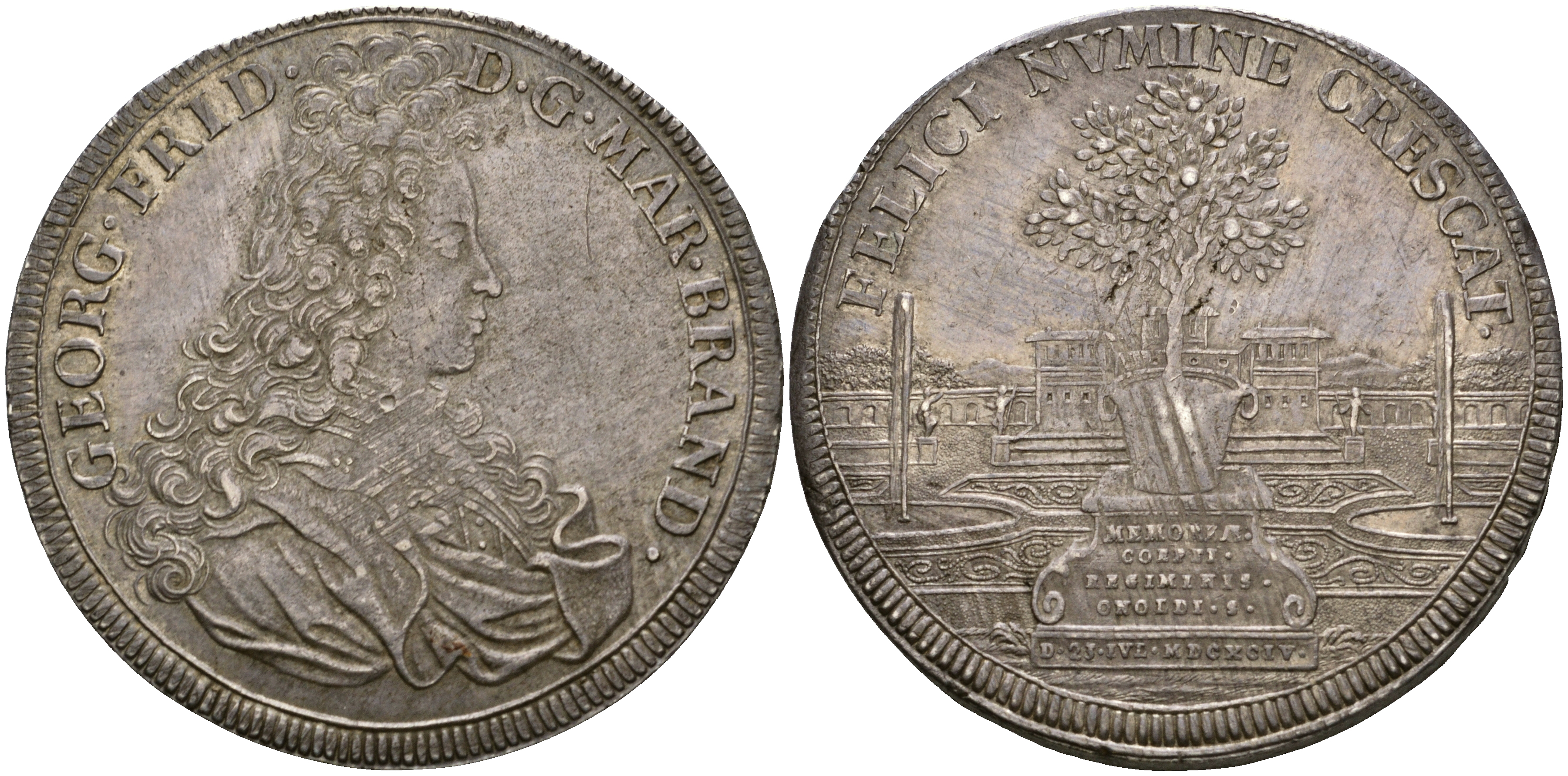 Бранденбург-Ансбах 1 рейхсталер 1694 Георг Фридрих II (1692-1703), аукцион Kuenker 244, 2014 год Dav. 6249, Slg. Wilm. 923  серебро    10-020-37