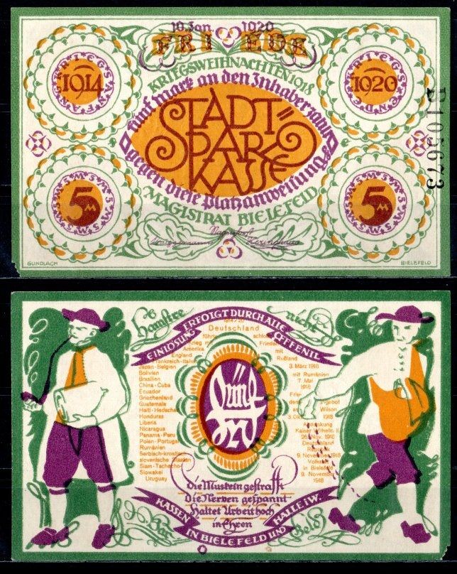 Билефельд (Пруссия, Вестфалия) 5 марок 1920 Mehl Grabowski 103.4a бумага UNC (пресс) 7556-54-2-3