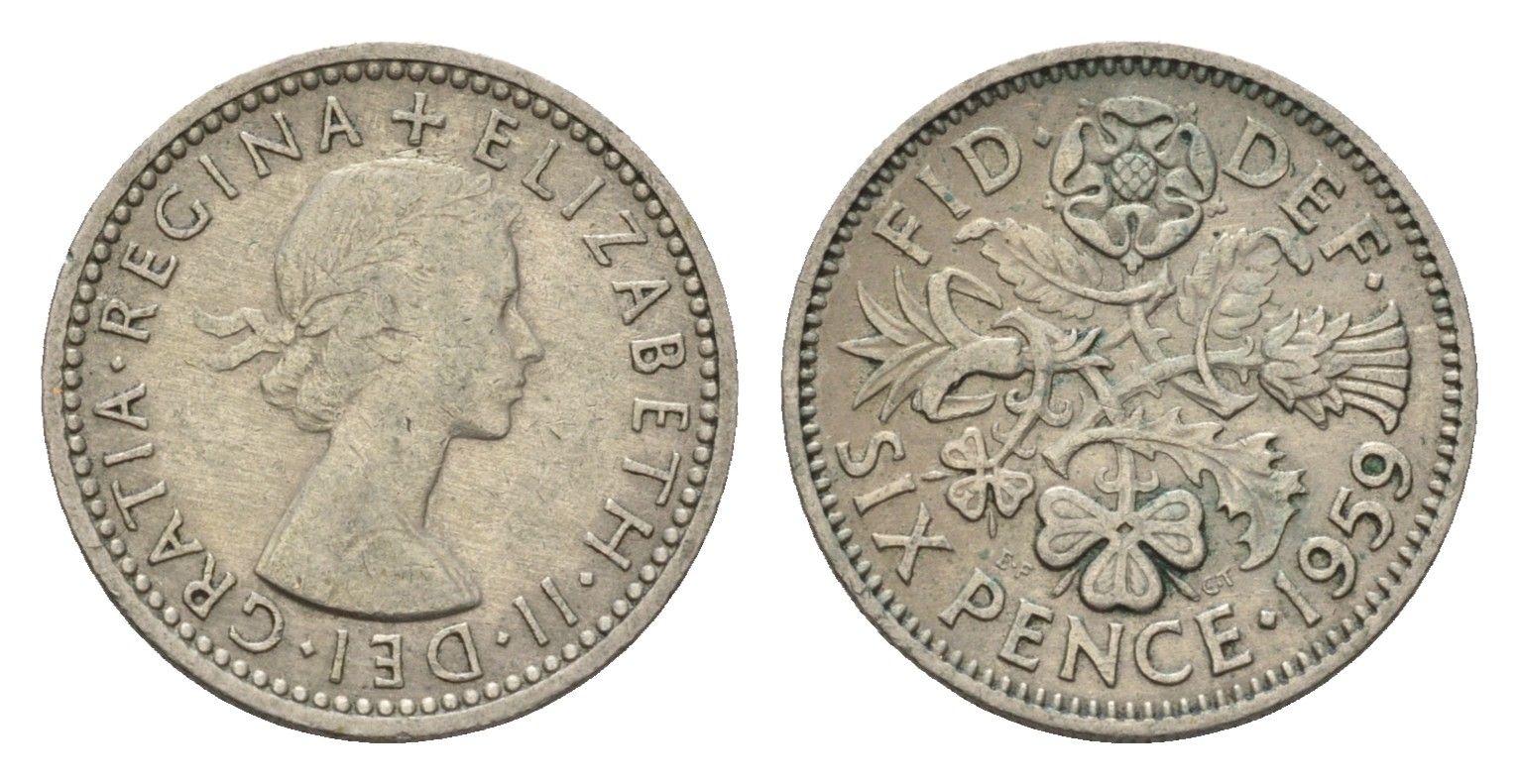 Великобритания 6 пенсов 1959 Елизавета II (1952-2022) KM 903, Spink 4149 медно-никель 100-631