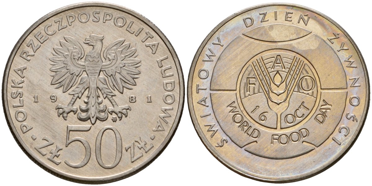 Польша 50 злотых 1981 MW, Продовольственная программа - ФАО Y 127 медно-никель UNC 81-745