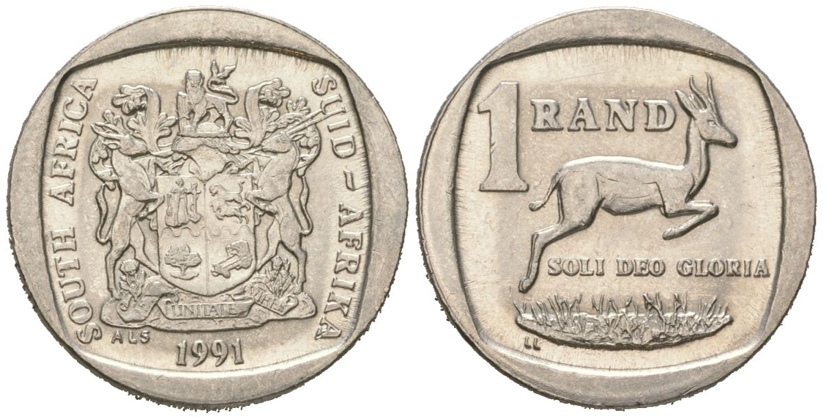 ЮАР 1 ранд 1991 KM 138 медь плакированная медно-никелем aUNC 4611-526