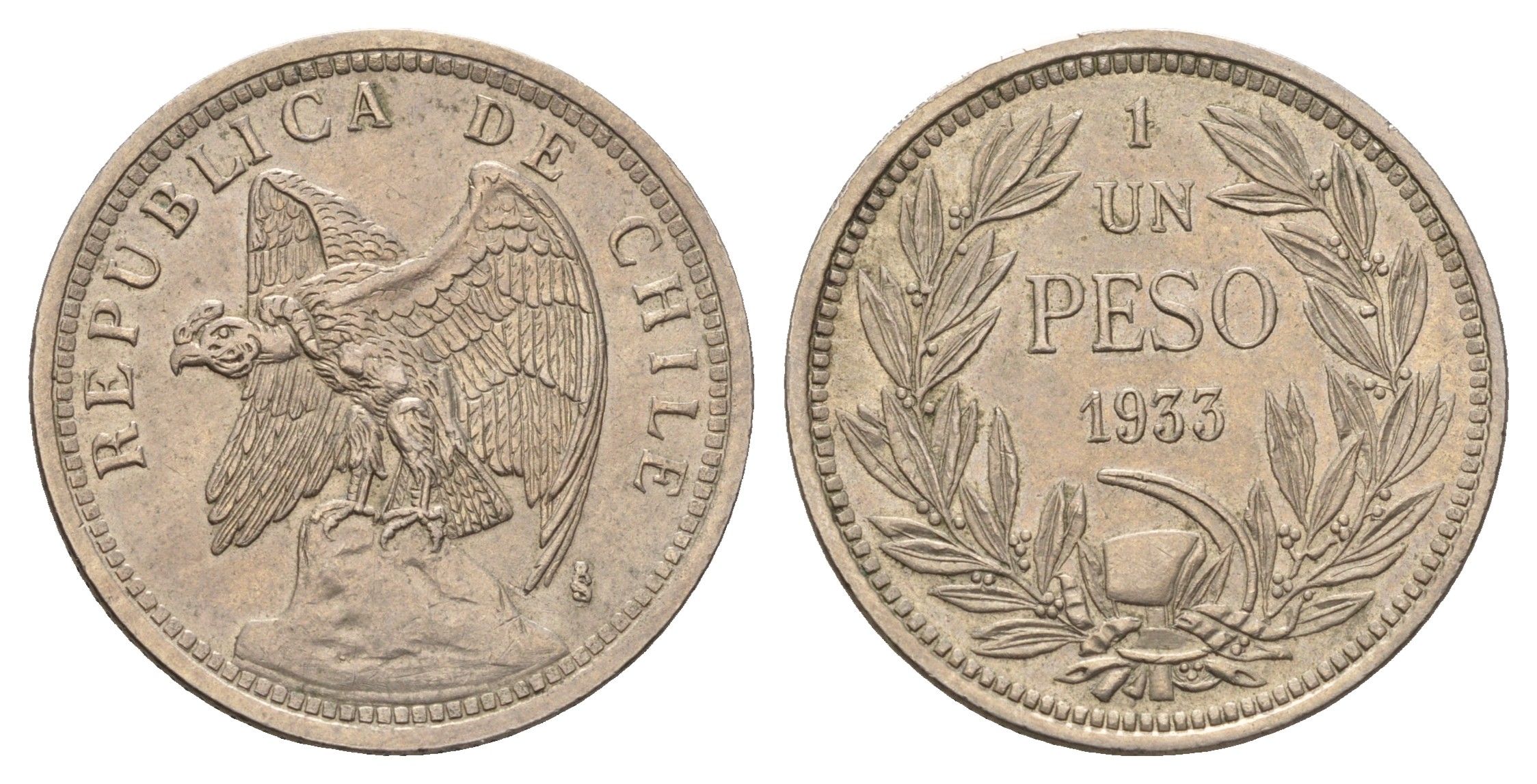 Чили 1 песо 1933 год-тип KM 176.1 медно-никель 55-1217