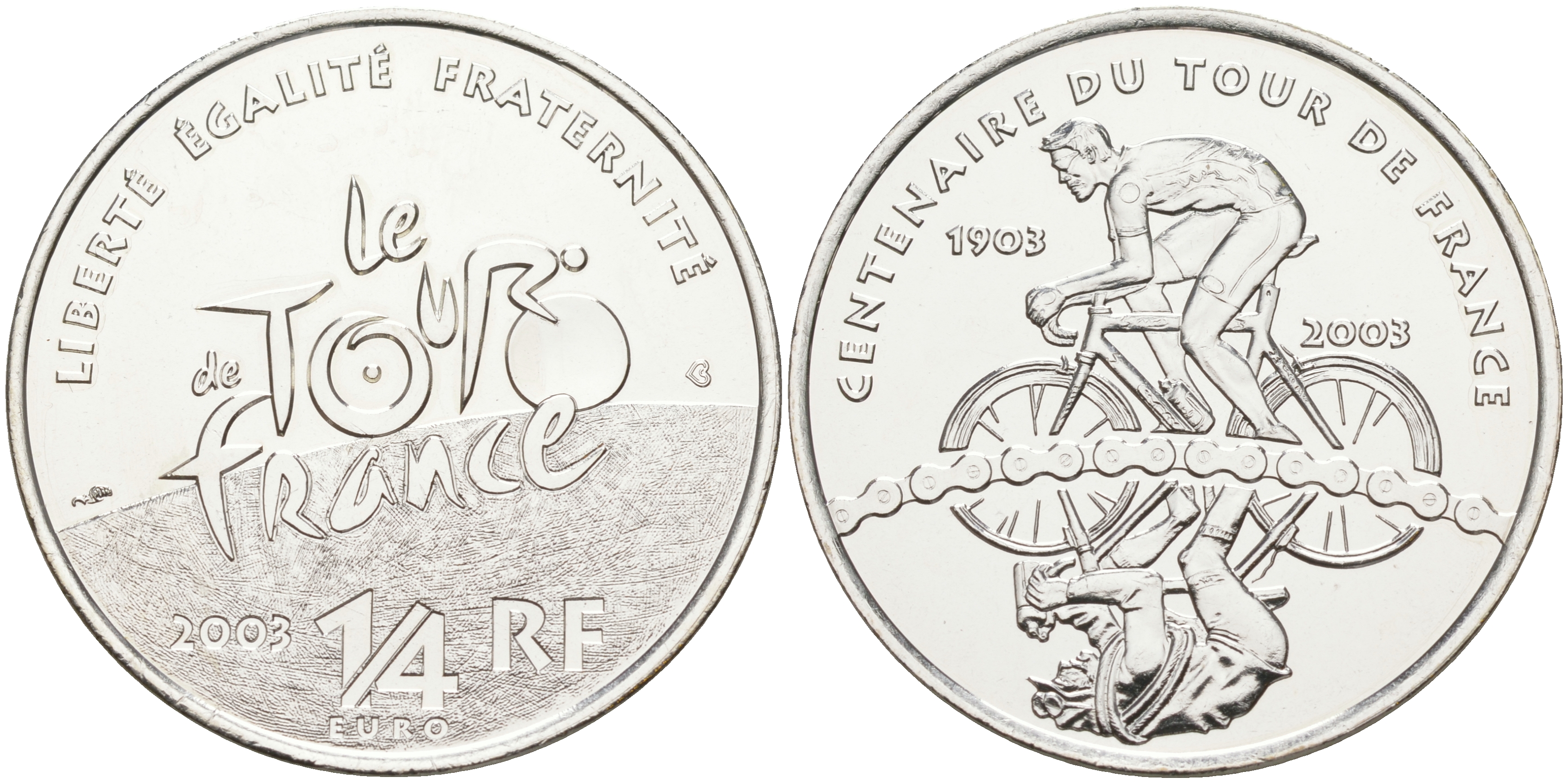 Франция 1/4 евро 2003 100 лет велогонкам "Тур де Франс" KM 1995 серебро UNC 1087-10-15