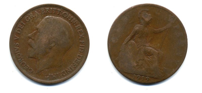 Великобритания 1 пенни 1919 Георг V (1910-1936) КМ 810, Spink 4051 бронза 47-311