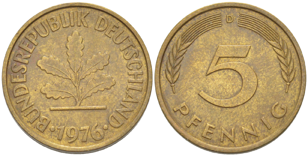 ФРГ 5 ПФЕННИГОВ 1976 D KM 107, J. 382 сталь плакированная латунью 4181-949