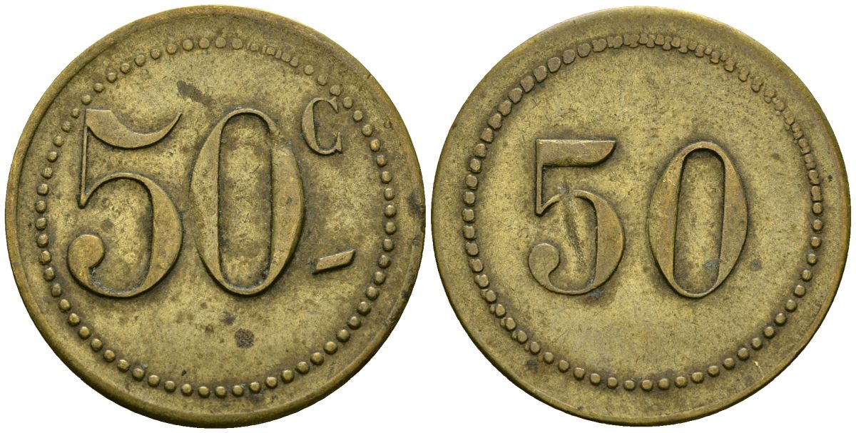 Франция 50 сантимов XIX-XX век ресторанный жетон латунь 4166-1315