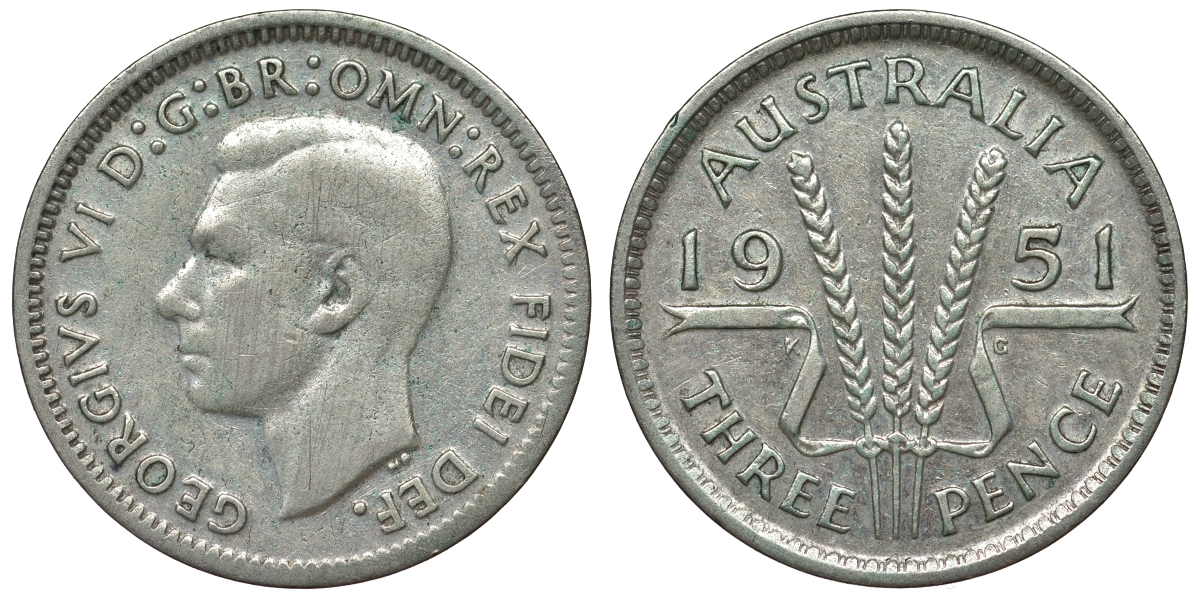 Австралия 3 пенса 1951 m, Георг VI (1937-1952), без букв KM 44 серебро 71-337