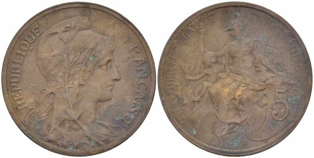 ФРАНЦИЯ 5 САНТИМОВ 1908 ТИП ДАНИЭЛЬ ДЮПЮИ KM 842, LE FRANC 119.19 бронза 108-912
