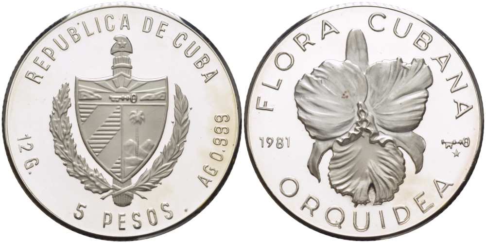 Куба 5 песо 1981 флора Кубы, орхидея, тираж 2000 экземпляров KM 70 серебро PROOF 1087-9-14