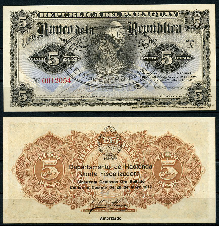 Парагвай 5 песо 1912 свобода, Viveros и Angel Crovatto, надпечатки на Pick 156 Pick 127 (3)  бумага  UNC (пресс) 00-00