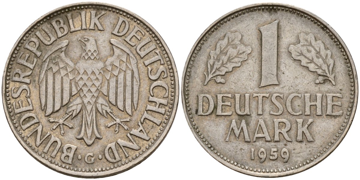 ФРГ 1 марка 1959 G KM 110, J. 385 медно-никель 4159-1042