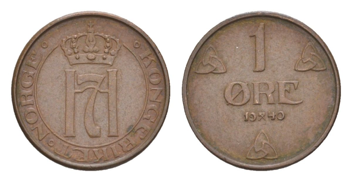 Норвегия 1 эре 1940 Хокон VII (1905-1957) KM 367 бронза 4632-1051