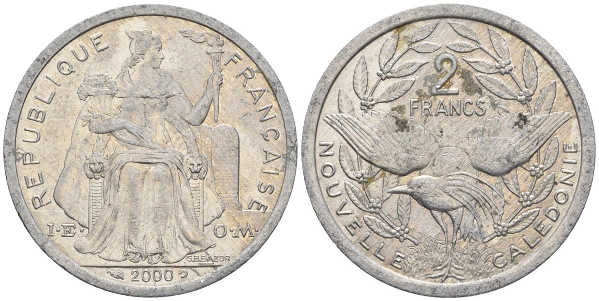 Французская Новая Каледония 2 франка 2000 птица кагу, (IEOM) KM 14, Schoen 11, Lec 68e алюминий    25-733