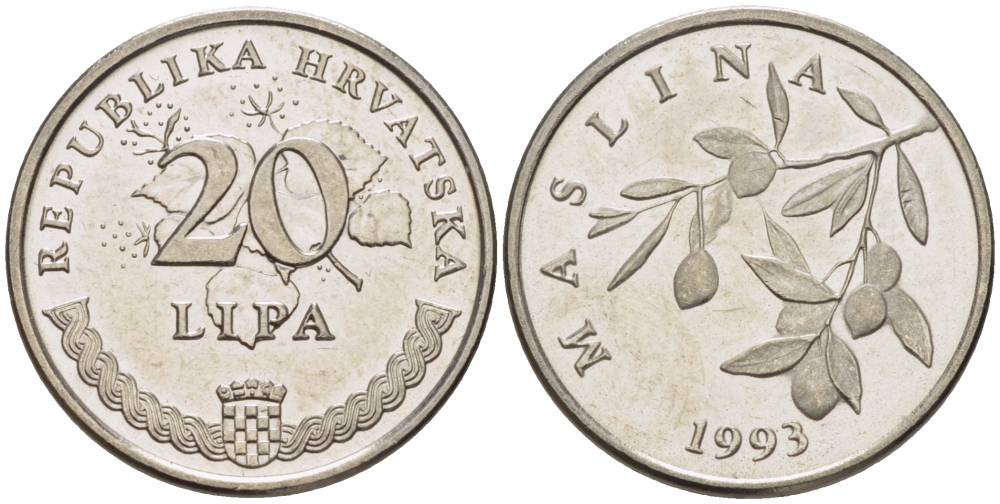 Хорватия 20 лип 1993 олива, легенда на хорватском KM 7 сталь плакированная никелем 66-532
