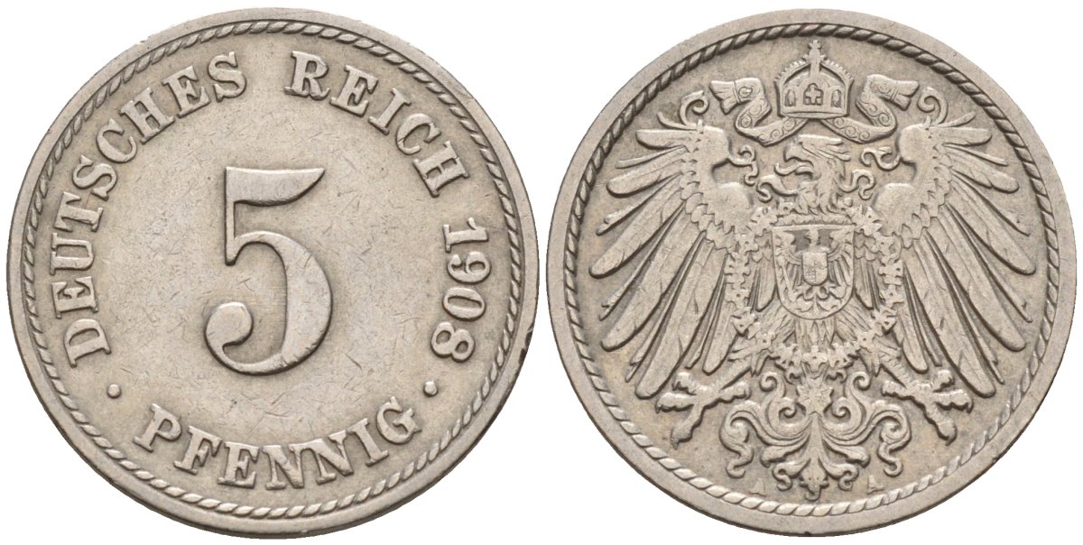 Германия 5 пфеннигов 1908 A KM 11, Jager 12, Weege 6 медно-никель 4151-468