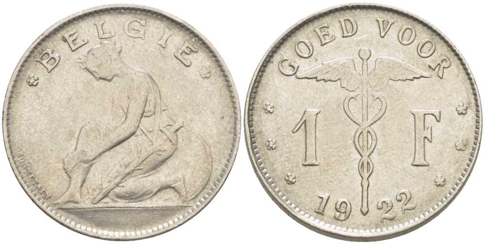 БЕЛЬГИЯ 1 ФРАНК 1922 BELGIE, АЛЬБЕРТ I (1909-1934) KM 90 никель 202-921