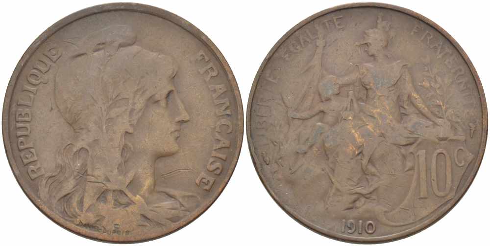 ФРАНЦИЯ 10 САНТИМОВ 1910 ТИП ДАНИЭЛЬ ДЮПЮИ KM 843, LA FRANC 136.20 бронза 109-243