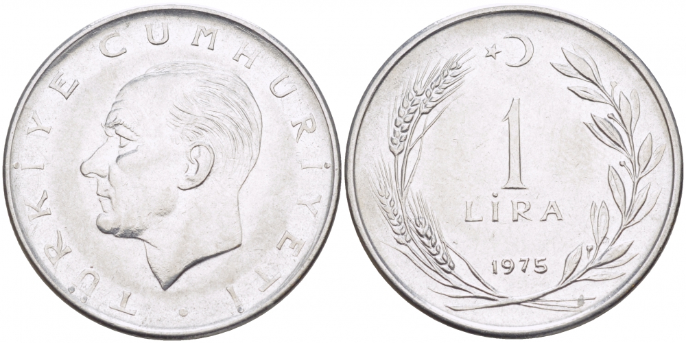 Турция 1 лира 1975 Мустафа Кемаль Ататюрк KM 889а.2 нержавеющая сталь 4529-1233