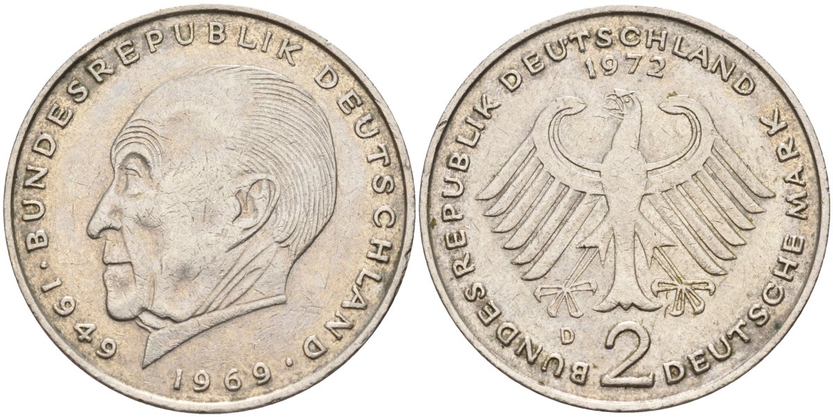 ФРГ 2 марки 1972 D, Конрад Аденауэр KM 124, J. 406 медно-никель плакированный никелем  4137-433