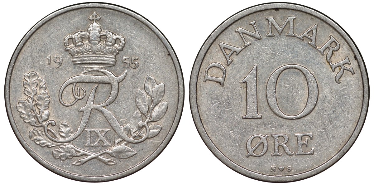 Дания 10 эре 1955 Фредерик IX (1947-1972) KM 841 медно-никель 4174-168