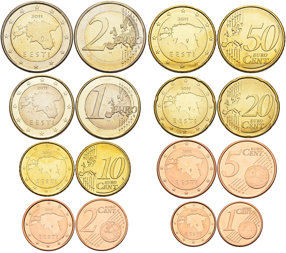 Эстония евронабор из 8 монет 2011 1, 2, 5, 10, 20, 50 евроцентов, 1 и 2 евро UNC N6-50