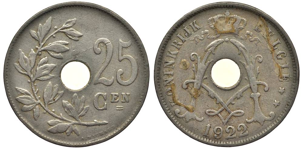 БЕЛЬГИЯ 25 САНТИМОВ 1922 BELGIE, АЛЬБЕРТ I (1909-1934) KM 69 медно-никель 27-926