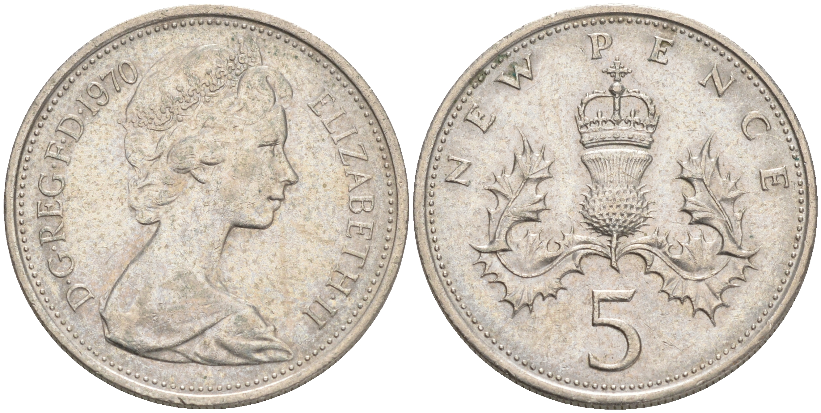 Великобритания 5 пенсов 1970 Елизавета II (1952-2022) KM 911, Spink 4233 (D1) медно-никель 4561-613