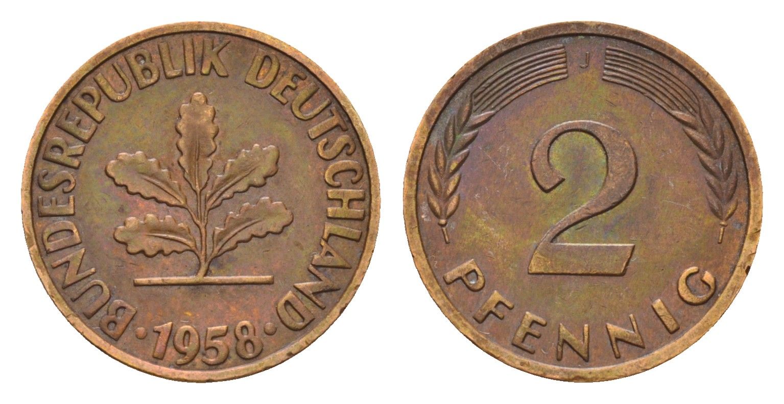 ФРГ 2 пфеннига 1958 J KM 106, J. 381 бронза 4528-339