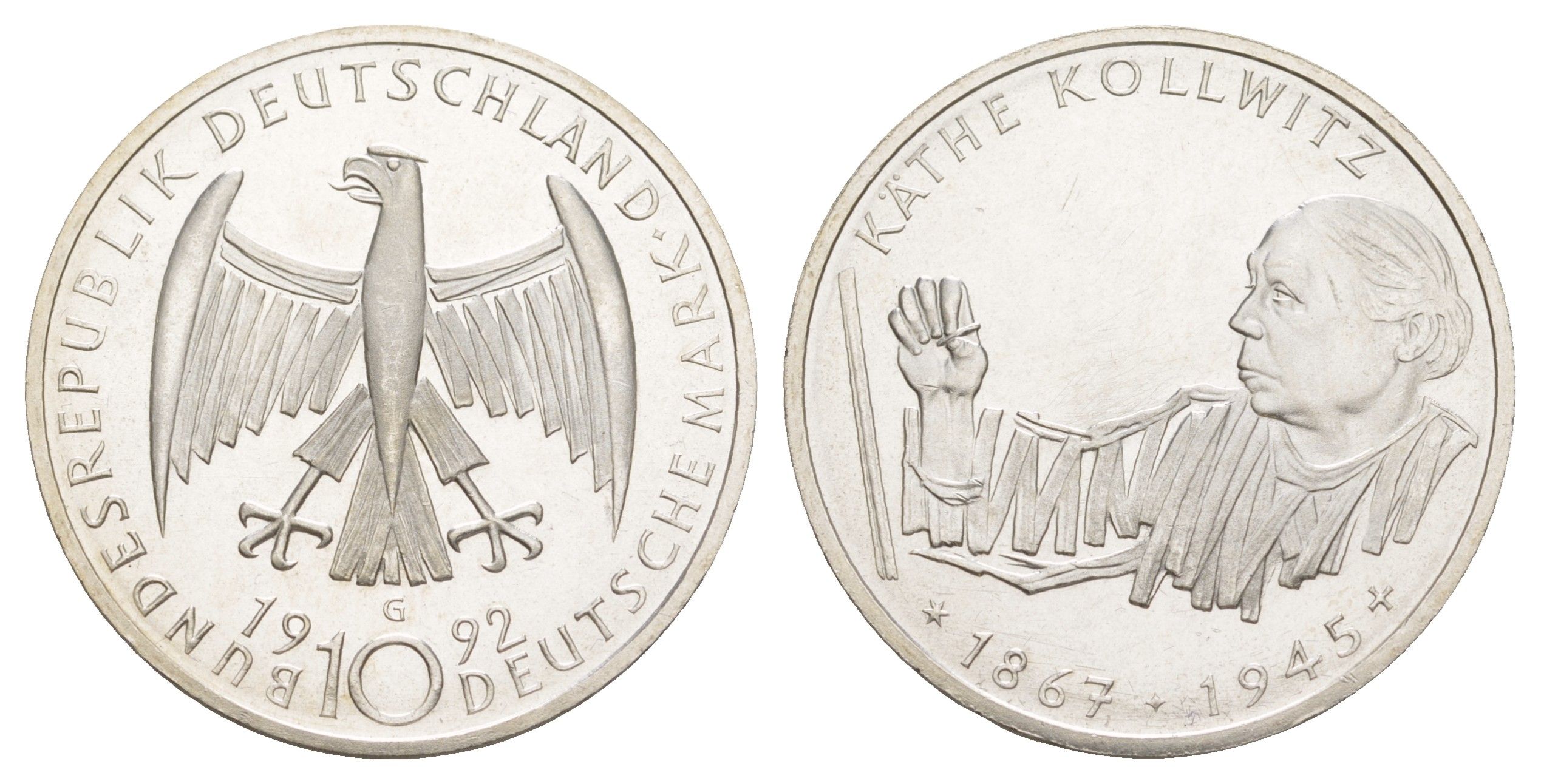 ФРГ 10 марок 1992 G, 125 лет со дня рождения Кете Кольвиц KM 178 серебро UNC 4634-1012