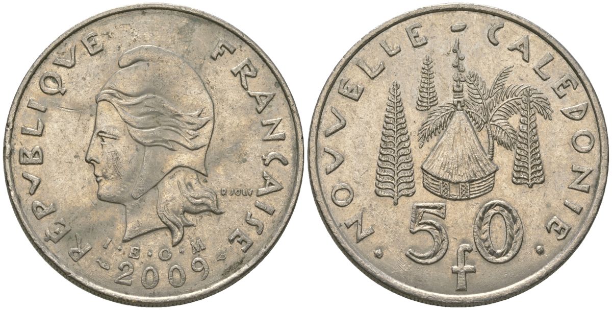 Французская Новая Каледония 50 франков 2009 хижина среди сосен и пальм, (IEOM) KM 13a, Schoen 15a, Lec 128i медно-никель 114-1221