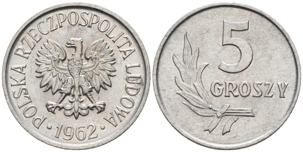 ПОЛЬША 5 ГРОШЕЙ 1962 MW KM А46 алюминий 86-432