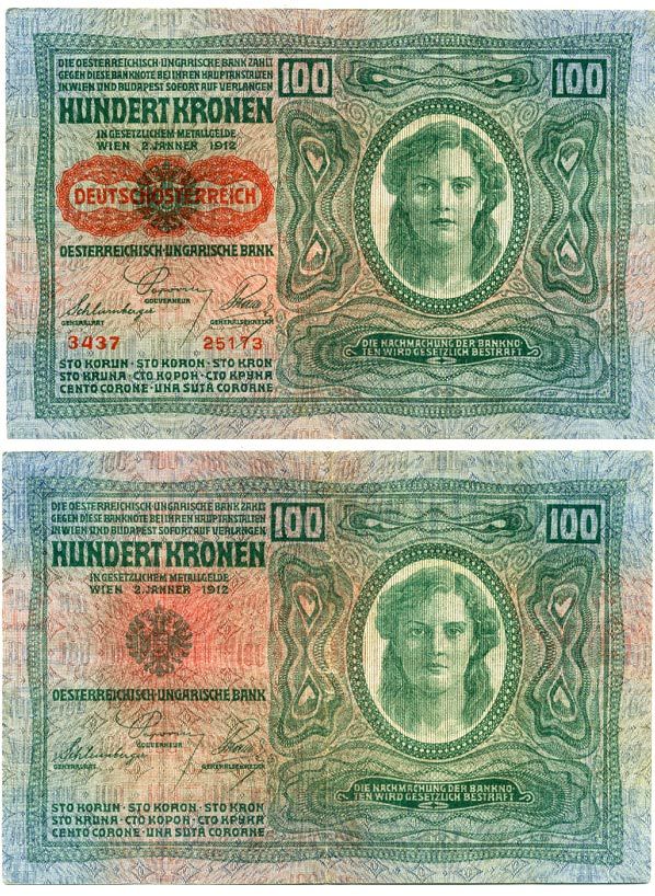 Австрия 100 крон 1912 (1919) красная надпечатка на Pick 12, на аверсе Pick 56 a бумага 444-107-2
