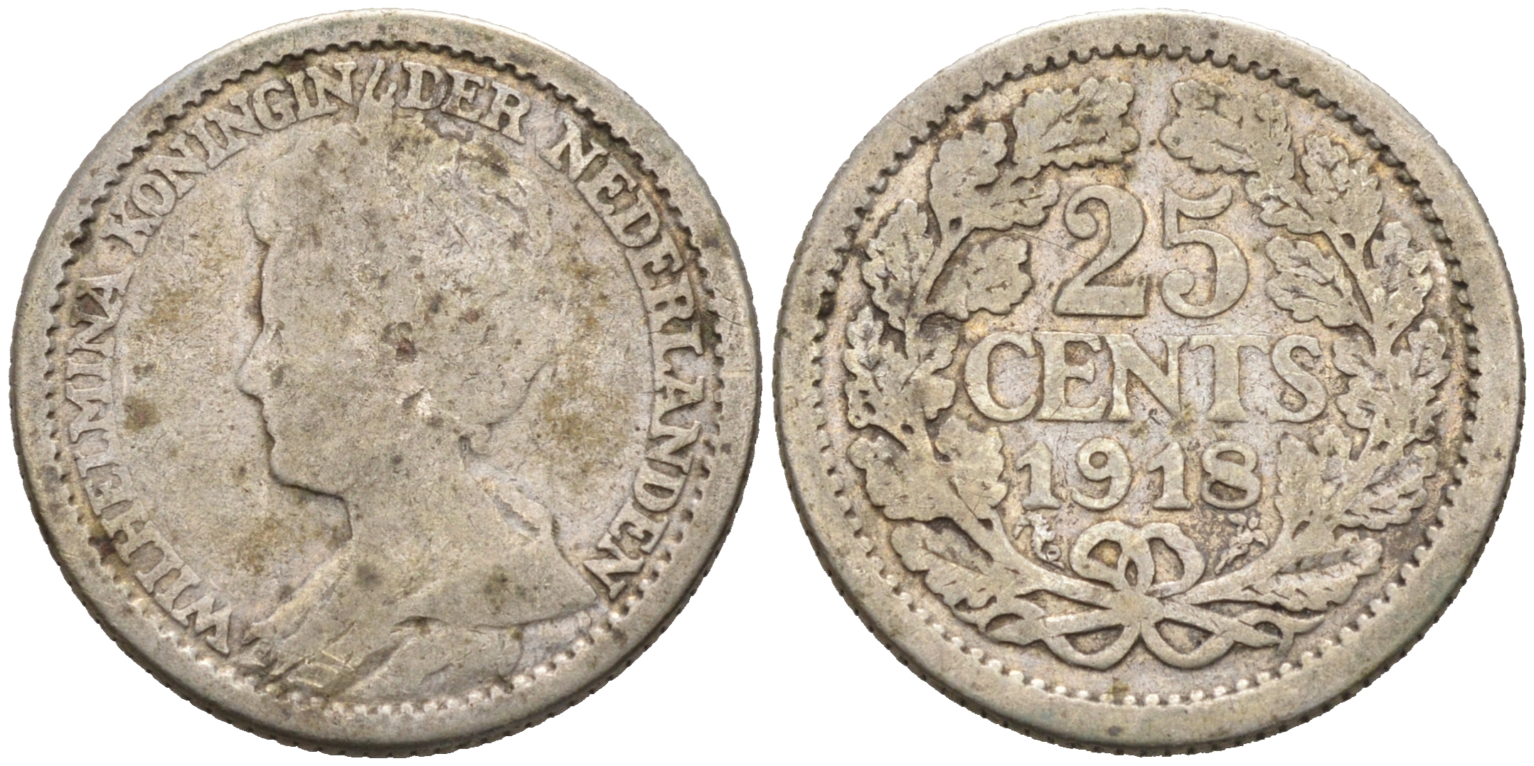 Нидерланды 25 центов 1918 Вильгельмина I (1890-1948) KM 146 серебро 75-968