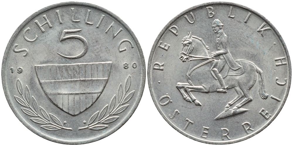 АВСТРИЯ 5 ШИЛЛИНГОВ 1980 KM 2889а медно-никель 4391-1157