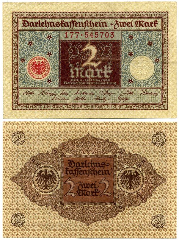 ГЕРМАНИЯ 2 МАРКИ 1920 1 МАРТА 1920, ВЕЙМАРСКАЯ РЕСПУБЛИКА, КОРИЧНЕВАЯ, СЕРИЯ 177 Pick 60, Rosenberg 65a бумага 7547-98-2