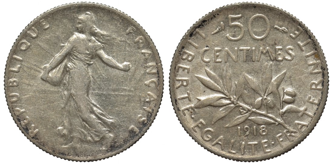 ФРАНЦИЯ 50 САНТИМОВ 1918 KM 854 серебро 192-326