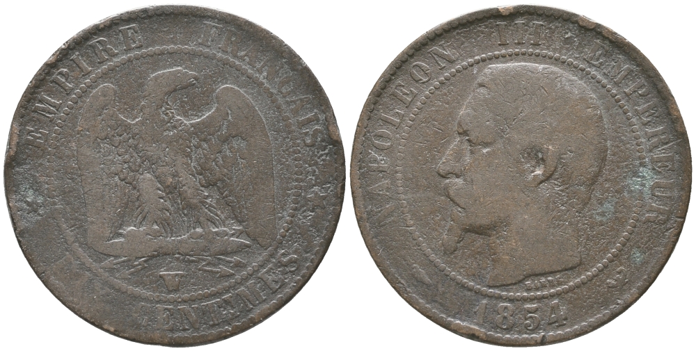 ФРАНЦИЯ 10 САНТИМОВ 1854 W, НАПОЛЕОН III (1852-1870) KM 771.7, LE FRANC 133.17 бронза 56-1433