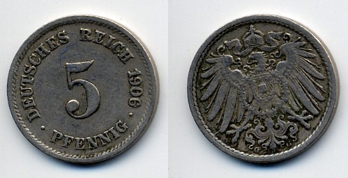 ГЕРМАНИЯ 5 ПФЕННИГОВ 1906 G, KM 11, J. 12 медно-никель 76-224