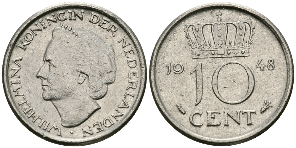 Нидерланды 10 центов 1948 Вильгельмина (1895-1948) KM 177 никель 96-534